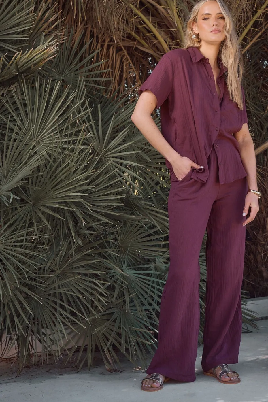 Long Tall Sally Dark Red Cotton Cheescloth Wide Leg Trousers