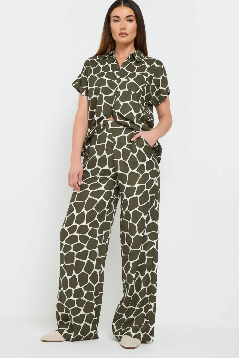 Long Tall Sally Khaki Green Giraffe Print Wide Leg Trousers