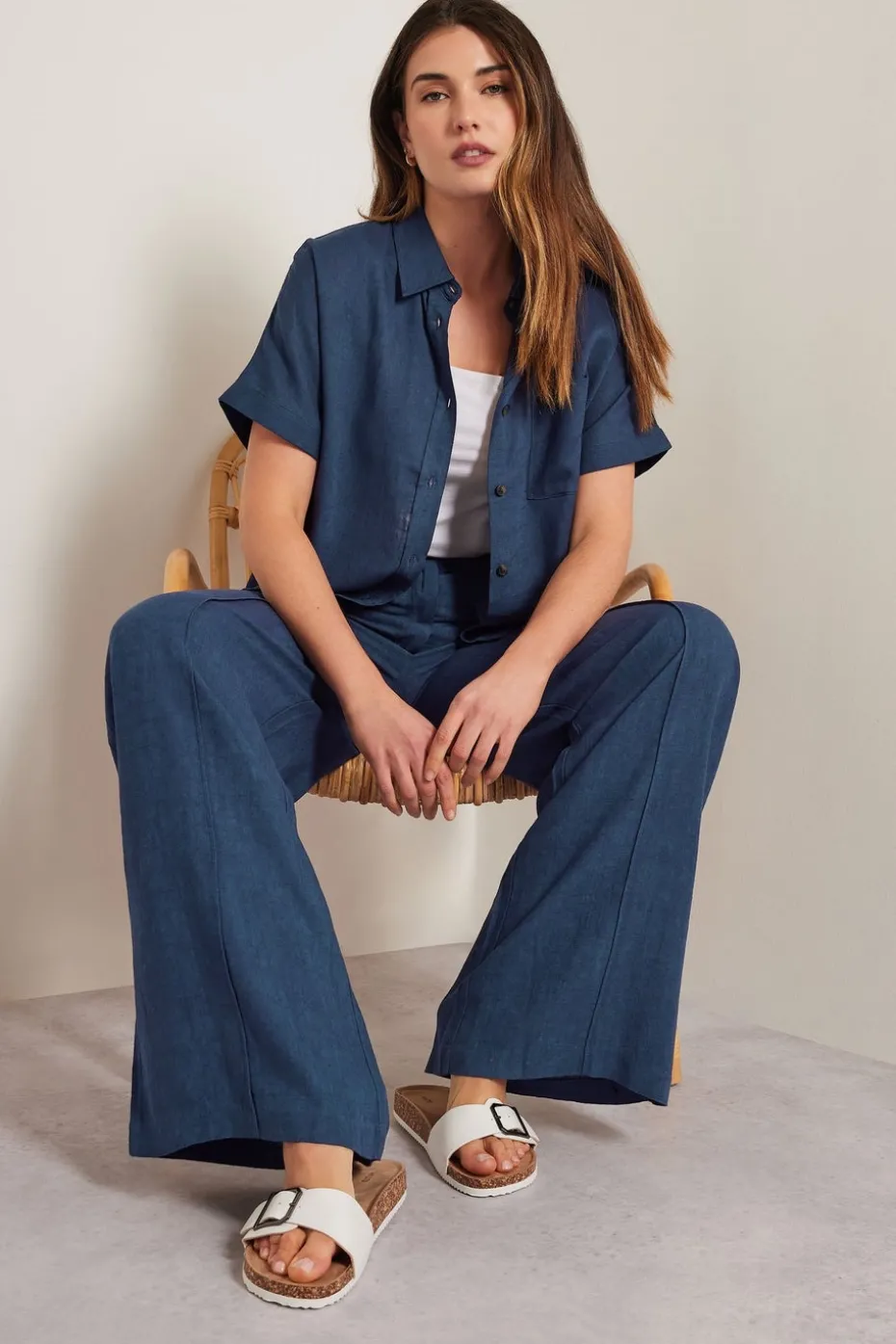 Long Tall Sally Navy Blue Linen Pleated Wide Leg Trousers