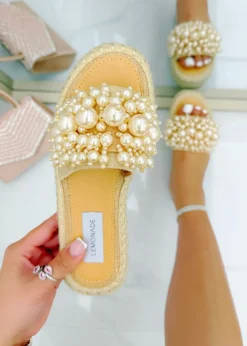 Love Lemonade Beige Sparkly Deluxe Pretty Pearl Platform Sliders