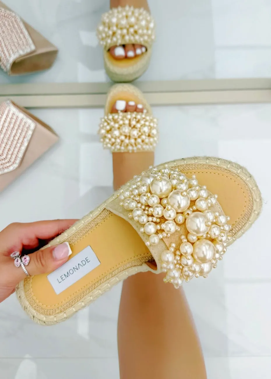 Love Lemonade Beige Sparkly Deluxe Pretty Pearl Platform Sliders