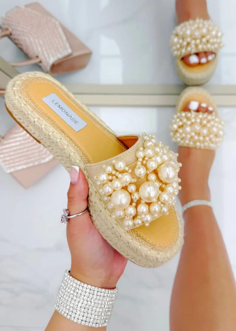 Love Lemonade Beige Sparkly Deluxe Pretty Pearl Platform Sliders