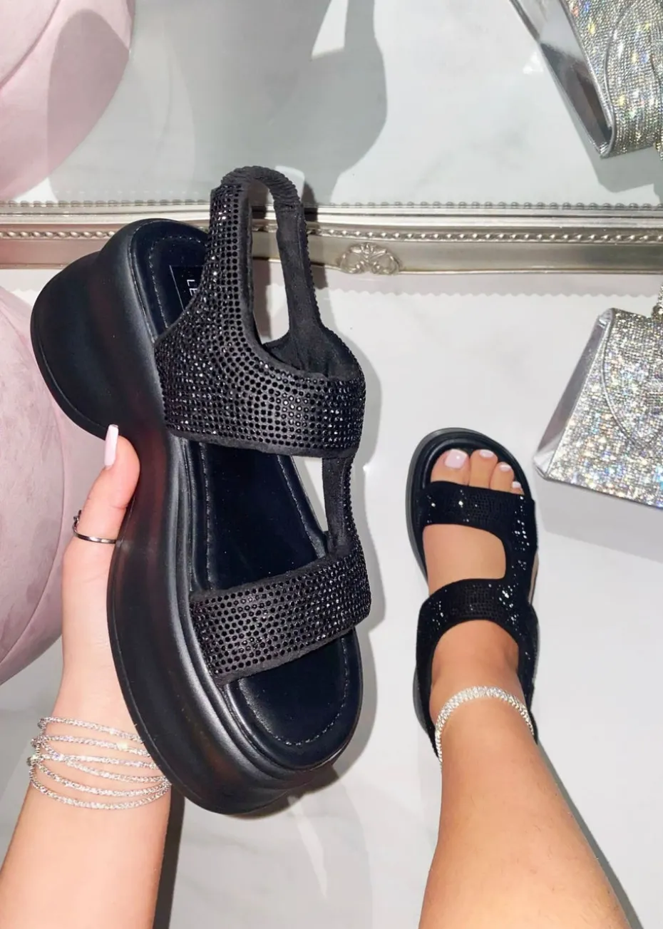 Love Lemonade Black Crystal Glimmer Chunky Sandals