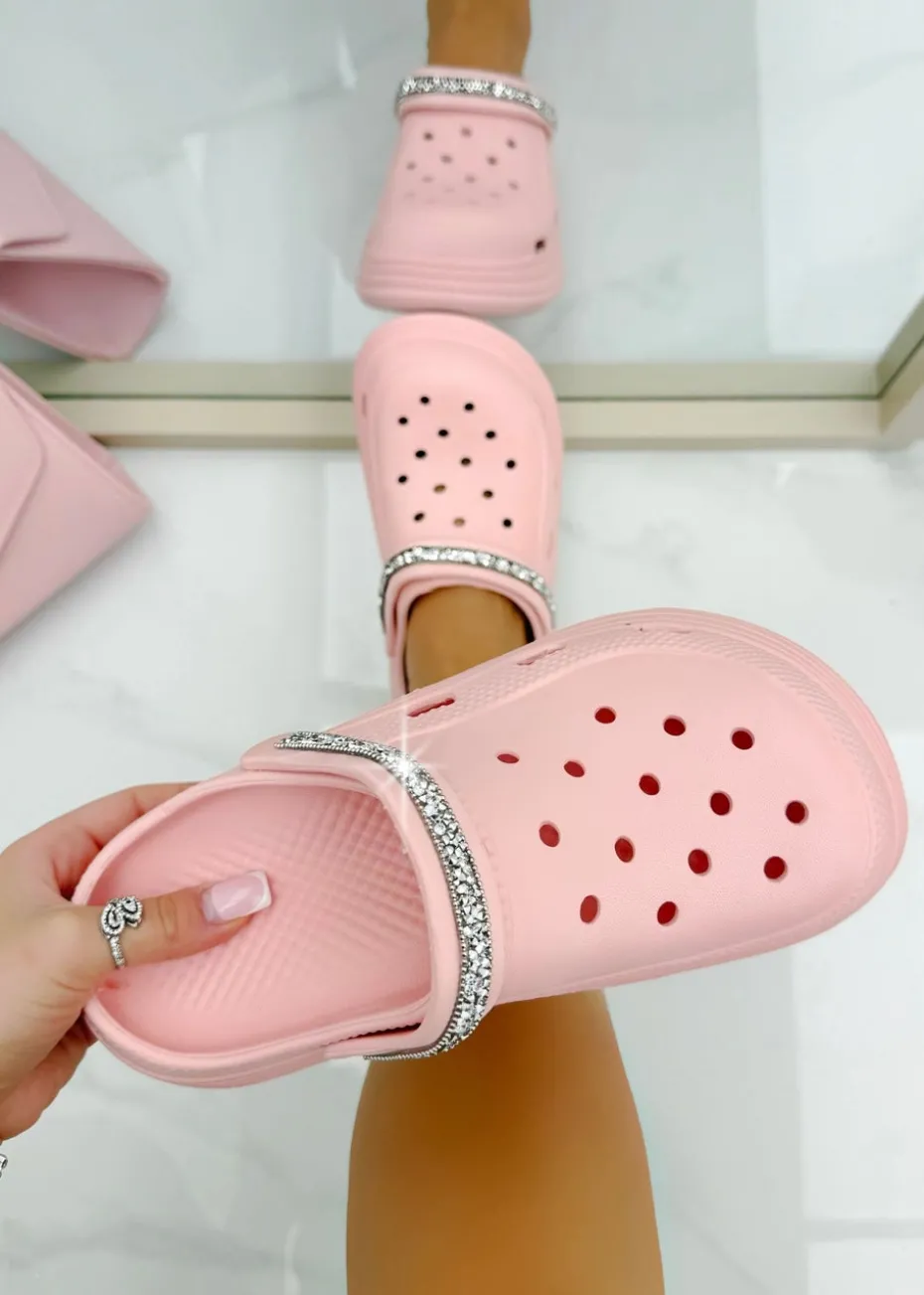 Love Lemonade Pink Crystal Strap Platform Crox Clogs