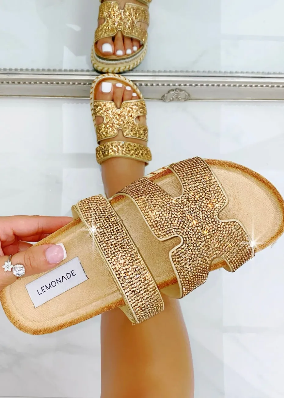 Love Lemonade Rose Gold Crystal Luxe Double Strap Sliders