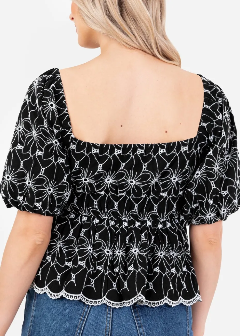 Lovedrobe Black Broderie Square Neck Short Puff Sleeve