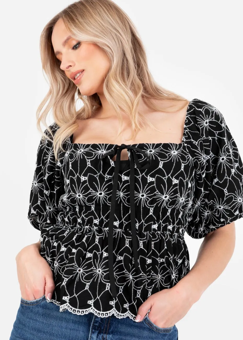 Lovedrobe Black Broderie Square Neck Short Puff Sleeve