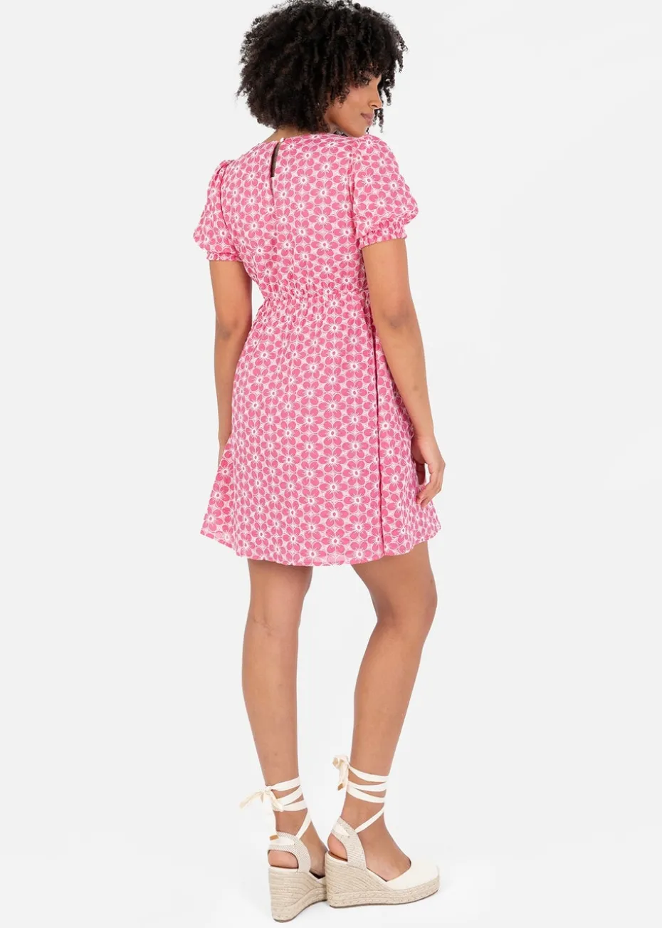 Lovedrobe Pink Floral Embroidered Short Sleeve Faux Wrap Mini Dress