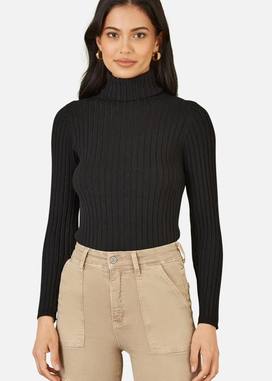 Mela Black Ribbed Knit Roll Neck Jumper