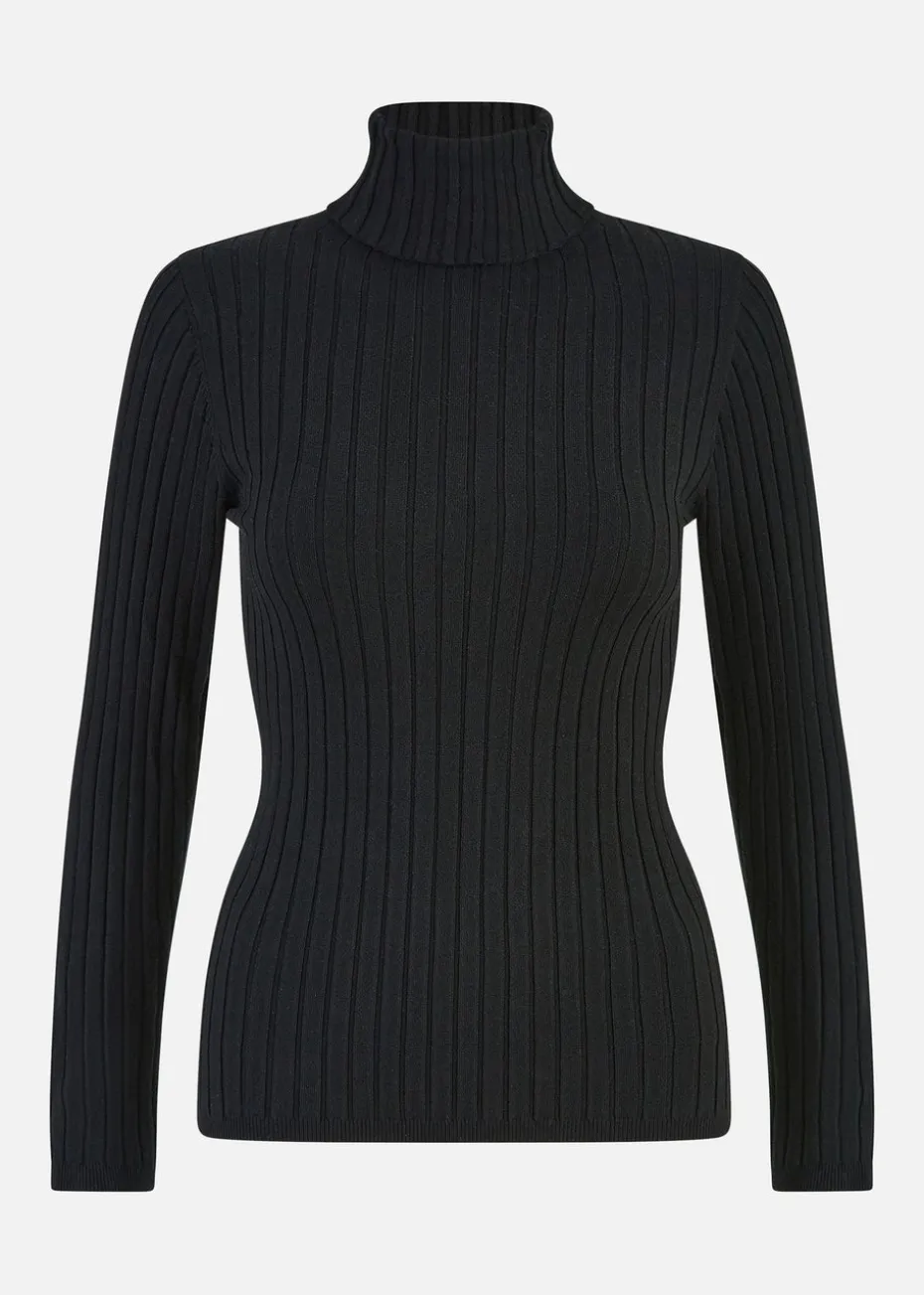 Mela Black Ribbed Knit Roll Neck Jumper
