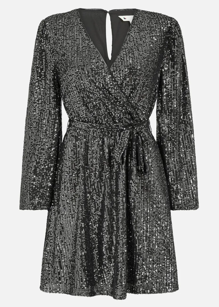 Mela Black Sequin Belted Wrap Long Sleeve Dress