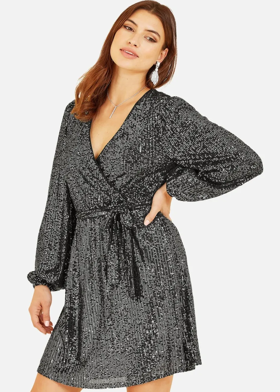 Mela Black Sequin Belted Wrap Long Sleeve Dress