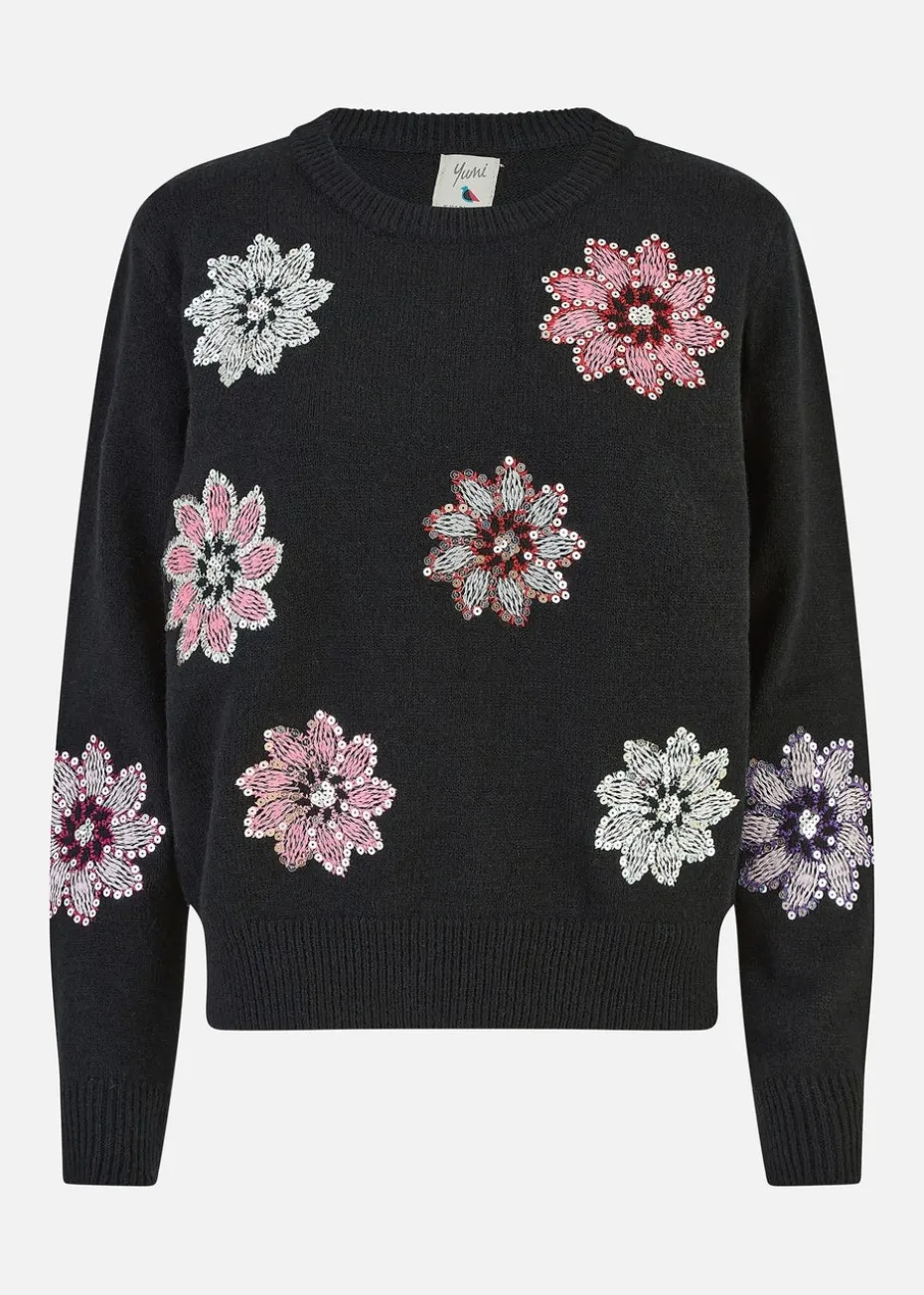Mela Black Sequin Flower Jumper