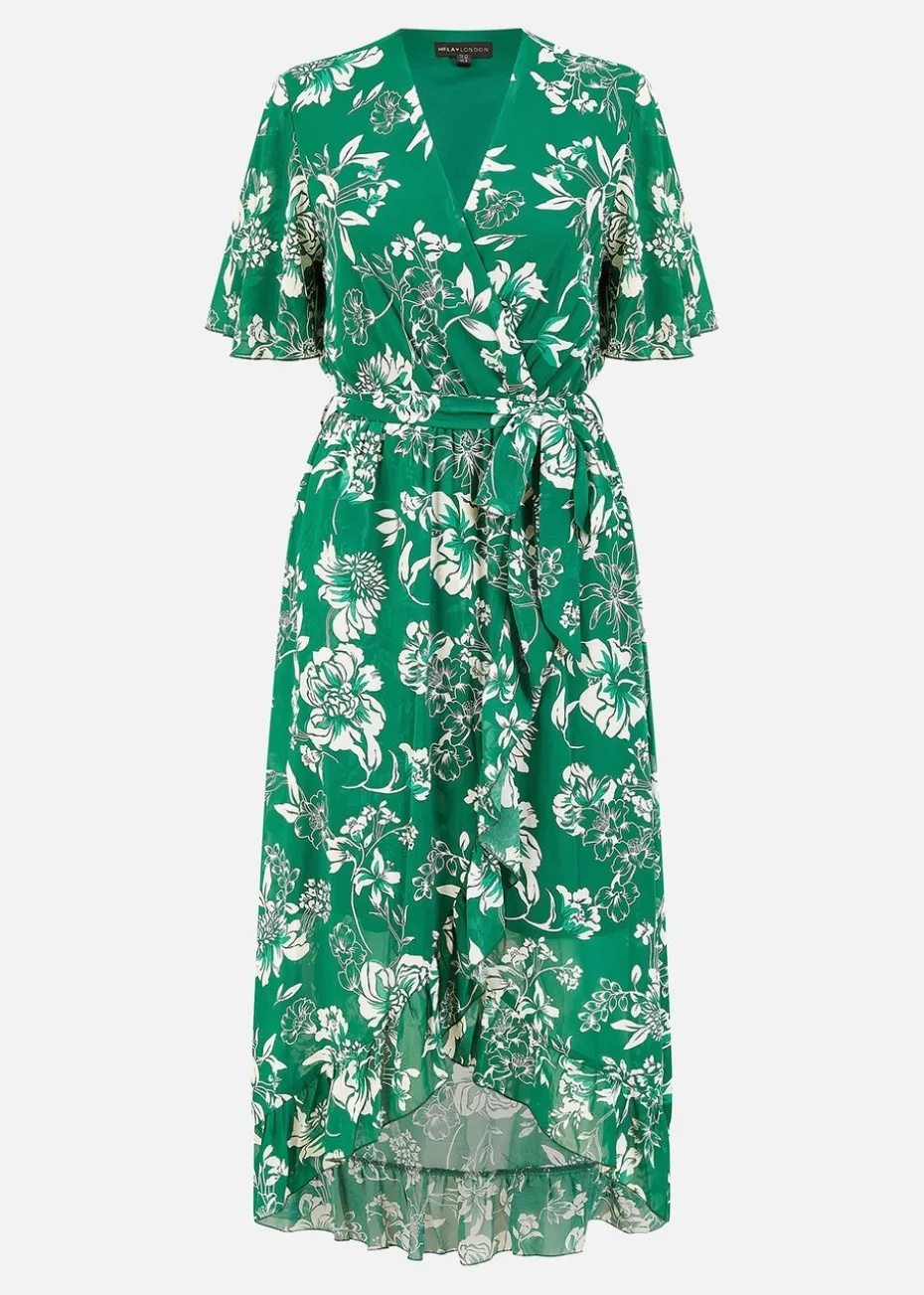 Mela Green Floral Wrap Midi Dress With Frill Detail
