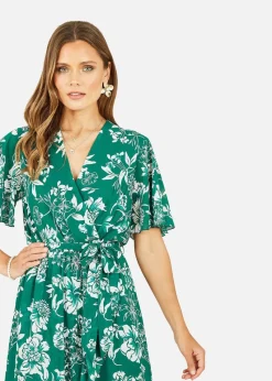 Mela Green Floral Wrap Midi Dress With Frill Detail
