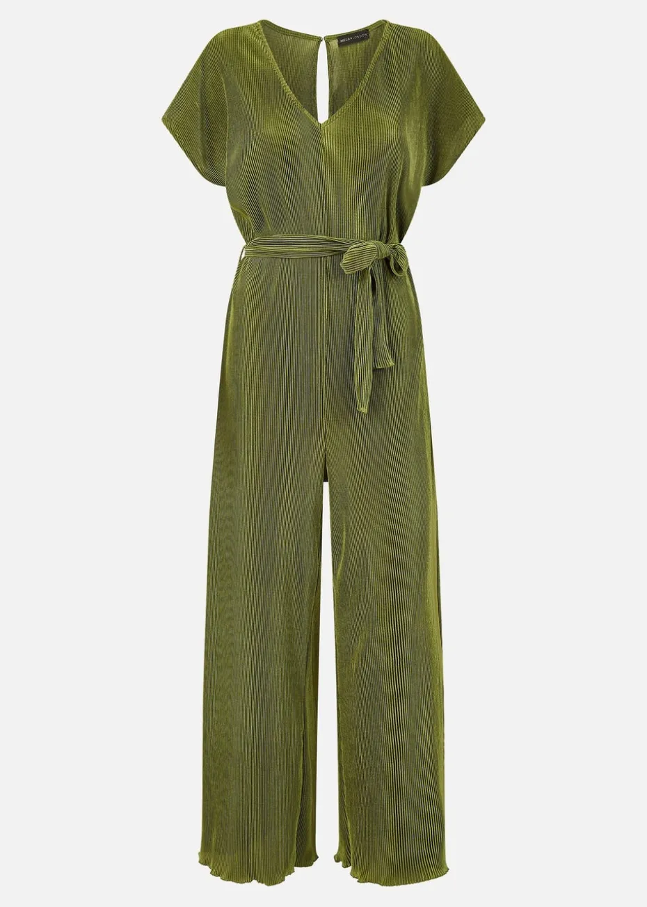 Mela Green Pleated Jumpsuit With V Neck