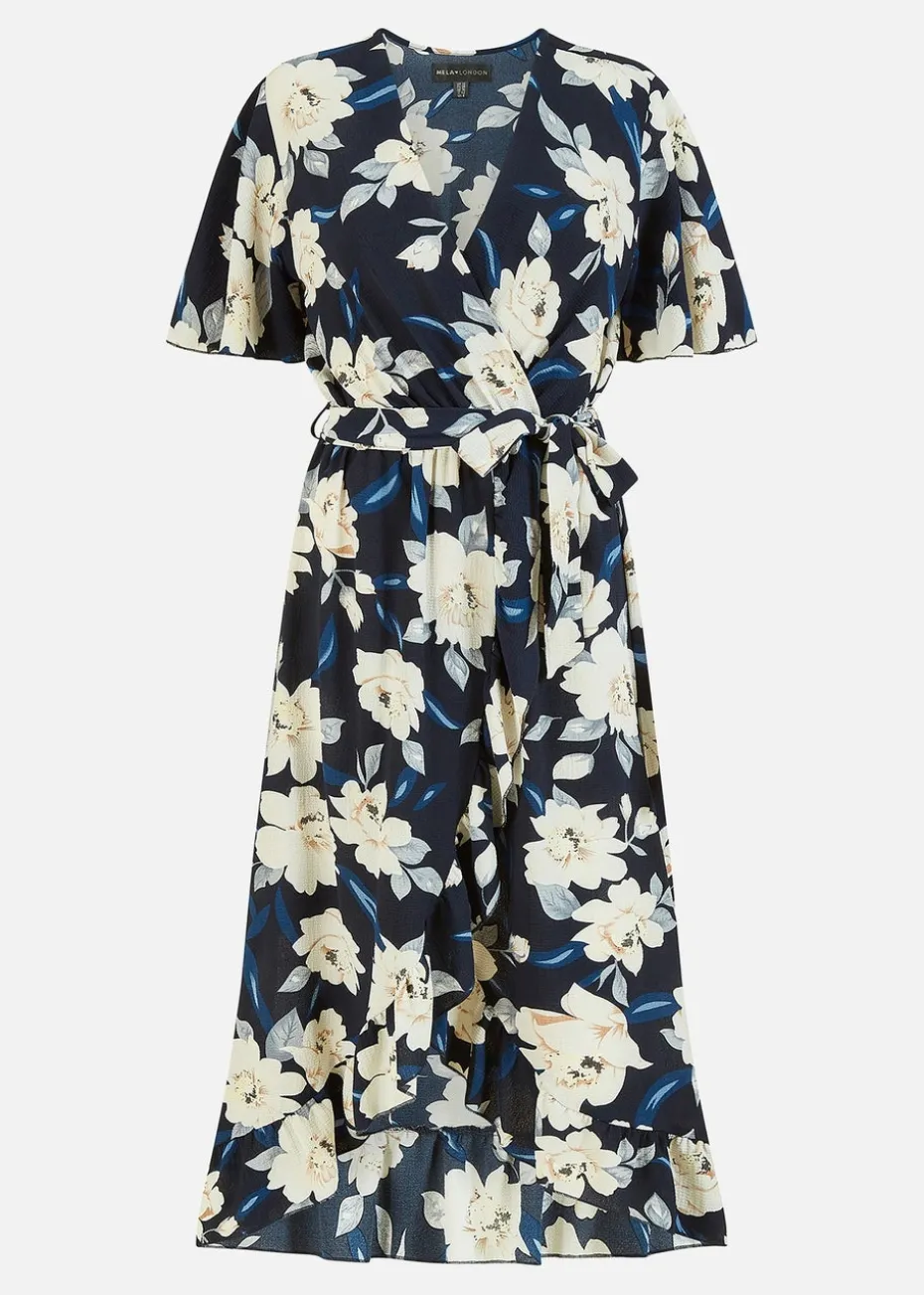 Mela Navy Floral Dip Hem Wrap Midi Dress