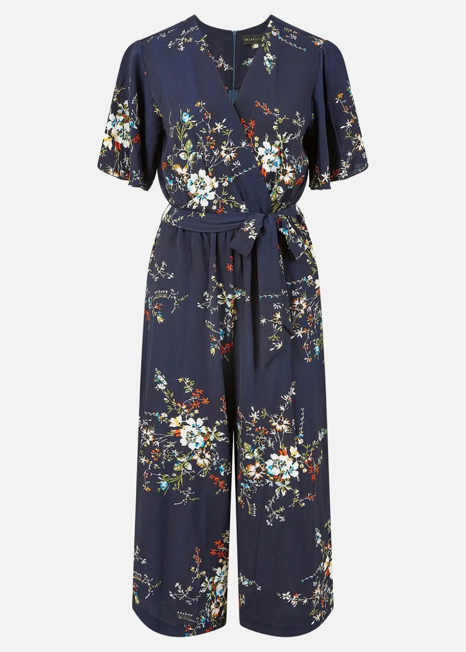 Mela Navy Floral Print Jumpsuit With Angel Sleeves