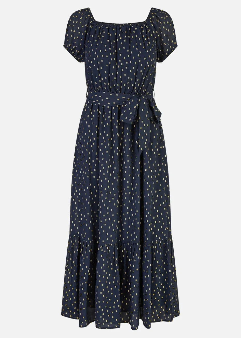 Mela Navy Foil Print Bardot Midi Dress