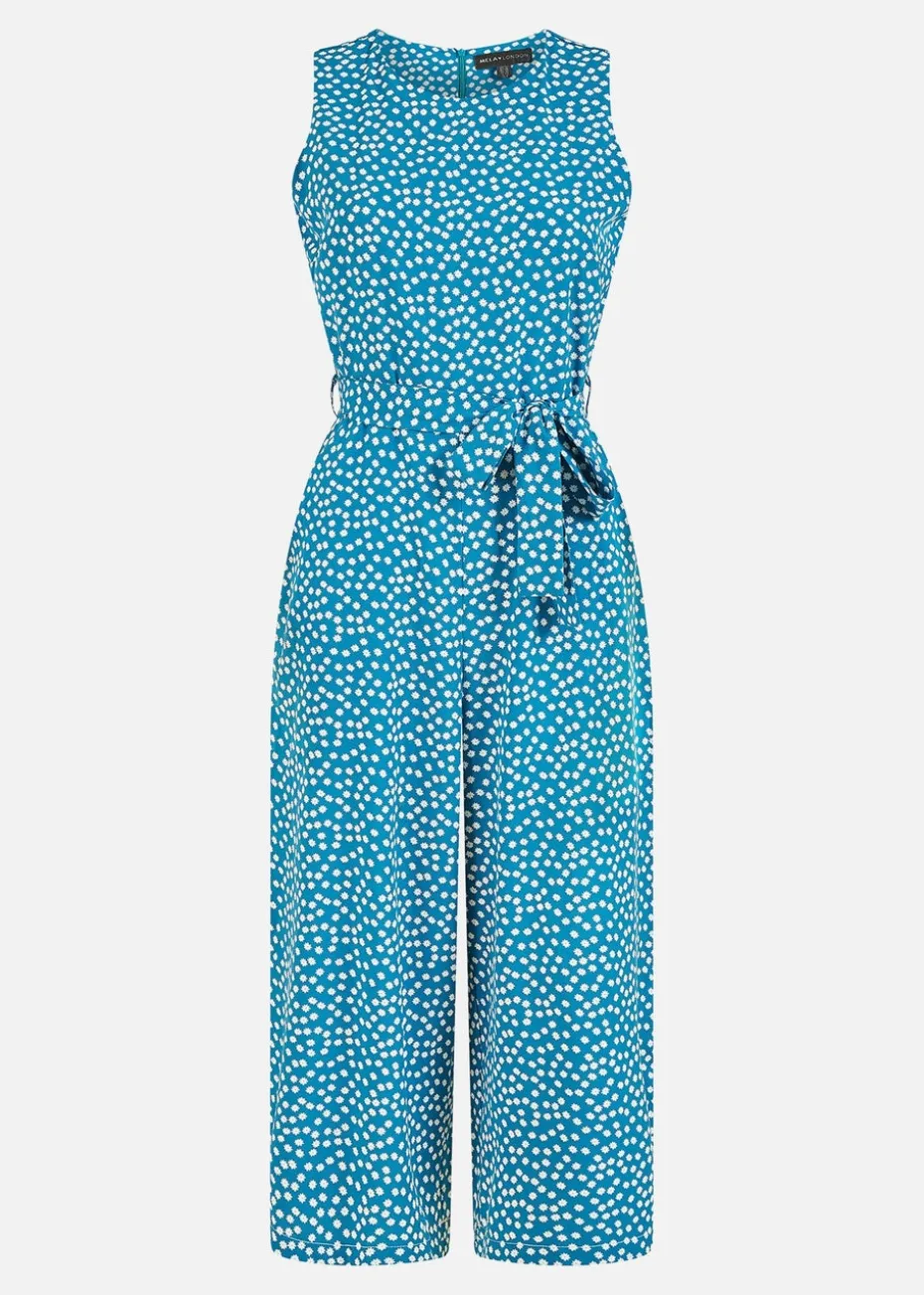 Mela Teal Ditsy Daisy Sleeveless Culotte Jumpsuit