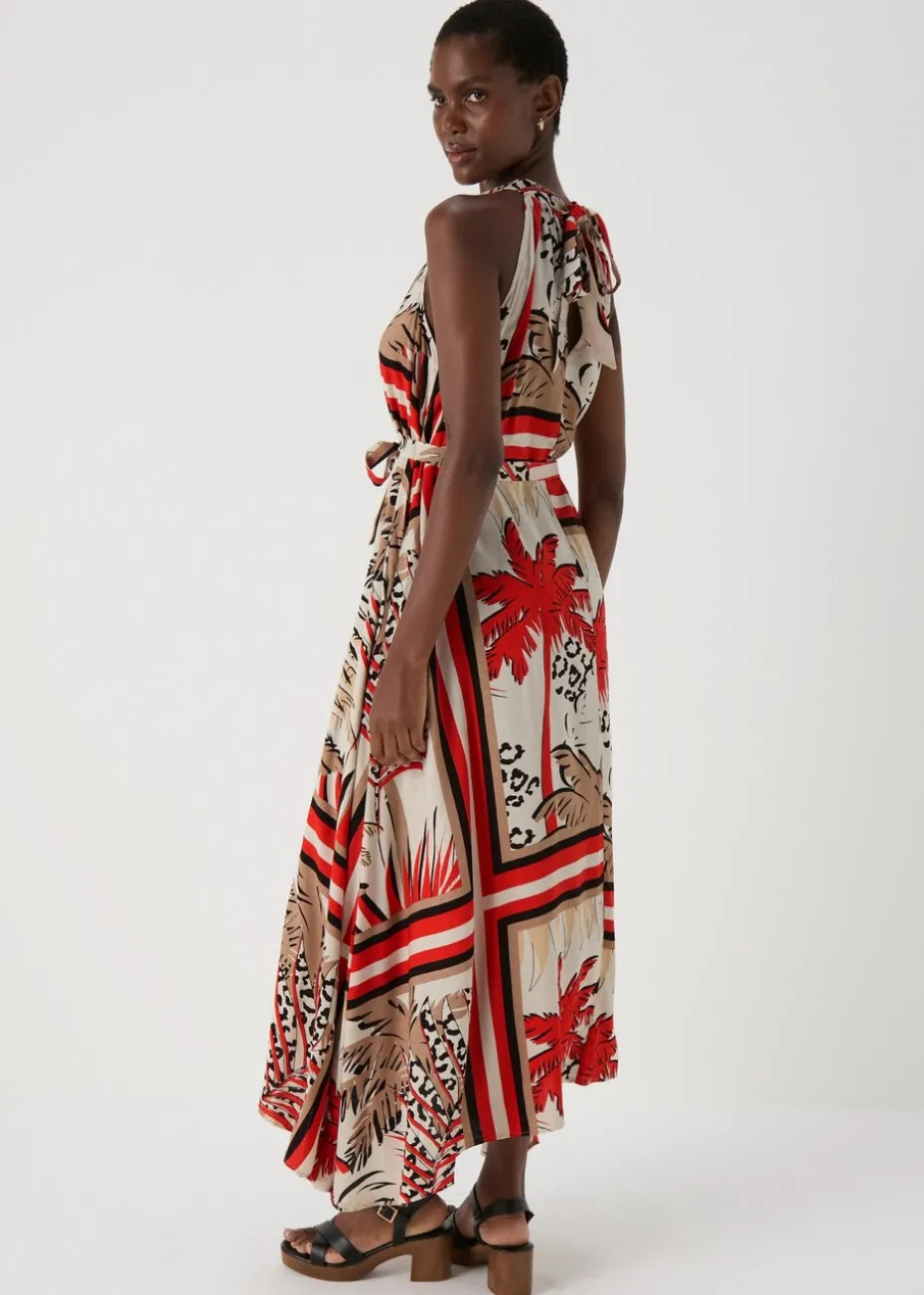 Multicolour Scarf Print Halterneck Midi Dress