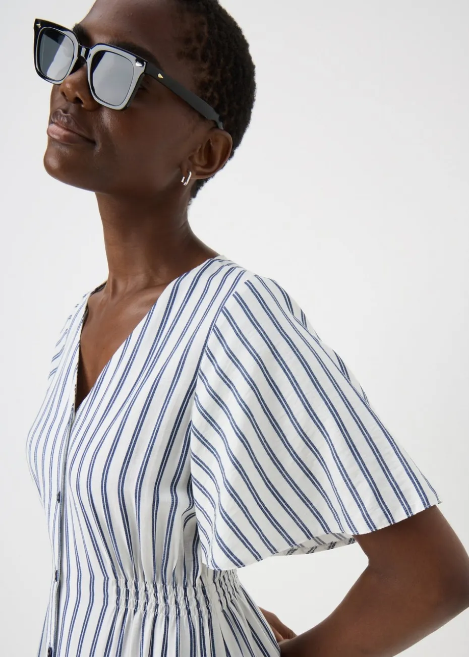 Navy Stripe Shirred Midi Dress