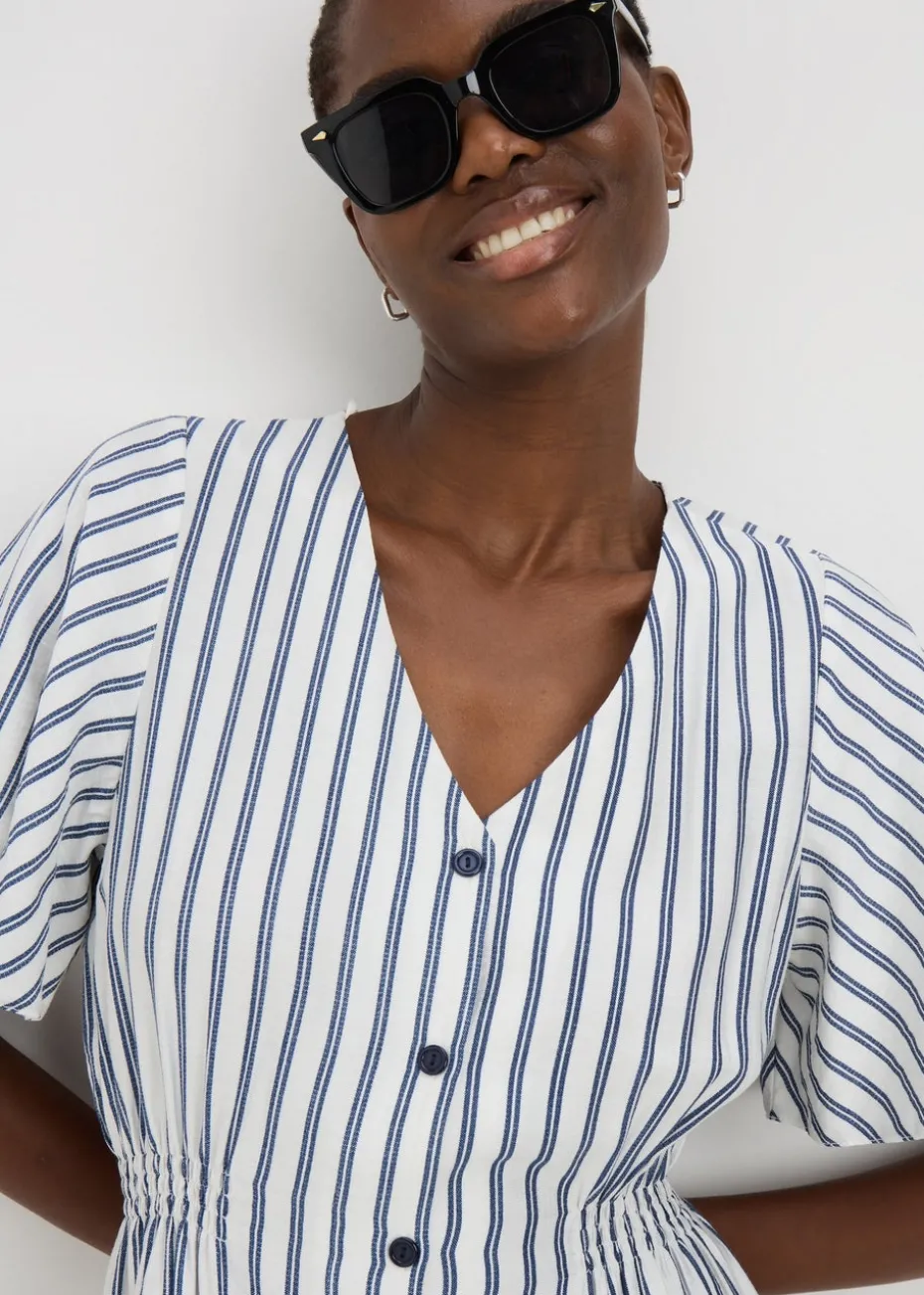 Navy Stripe Shirred Midi Dress