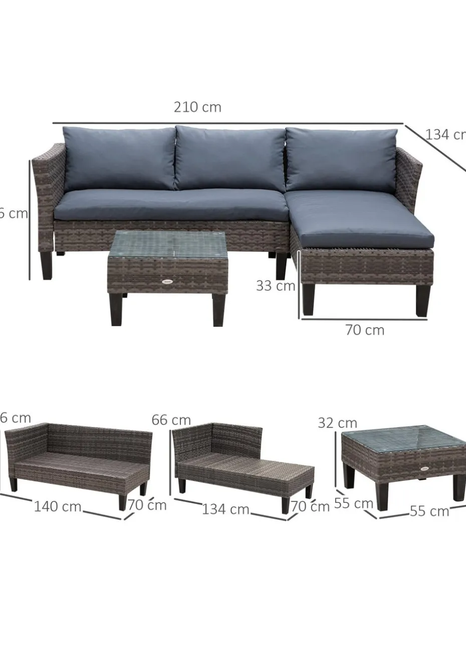 Outsunny 3 Pcs Garden Sofa PE Rattan Set - Grey