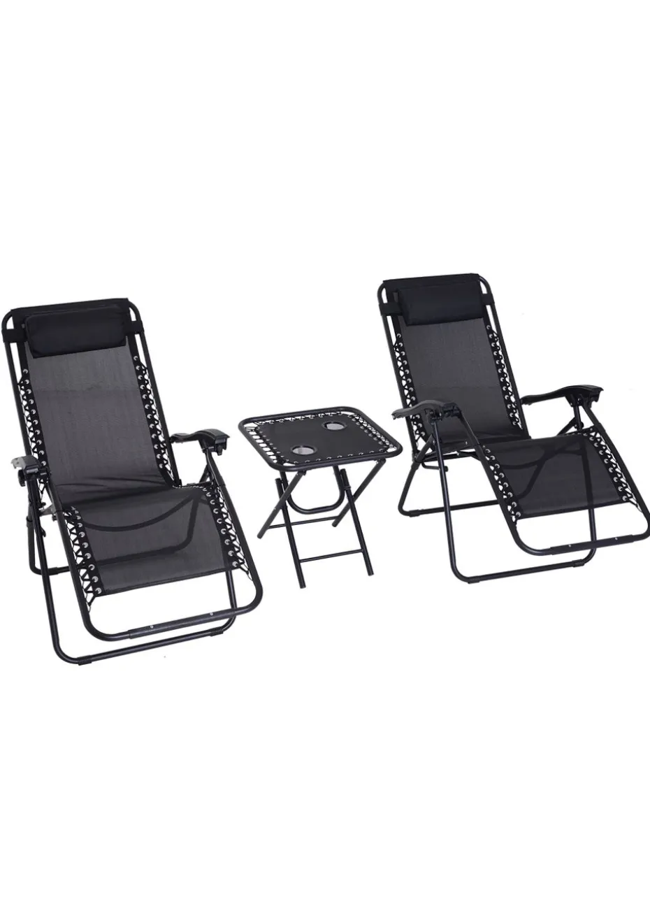 Outsunny 3 PCs Sun Lounger Table & Chairs Set with Cup Holders