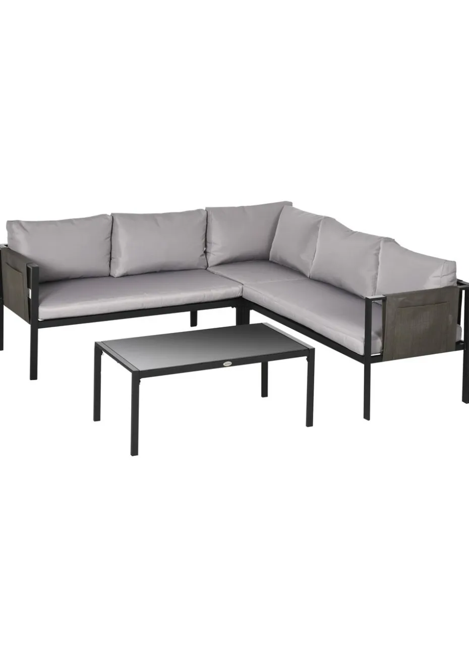 Outsunny 4 Piece Garden Furniture Set w/ Breathable Mesh Pocket, Light Grey
