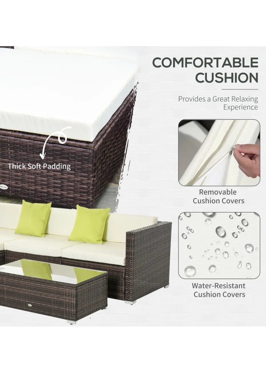 Outsunny 5 Pieces PE Rattan Garden Furniture Set with Cushions, Outdoor Corner Sofa