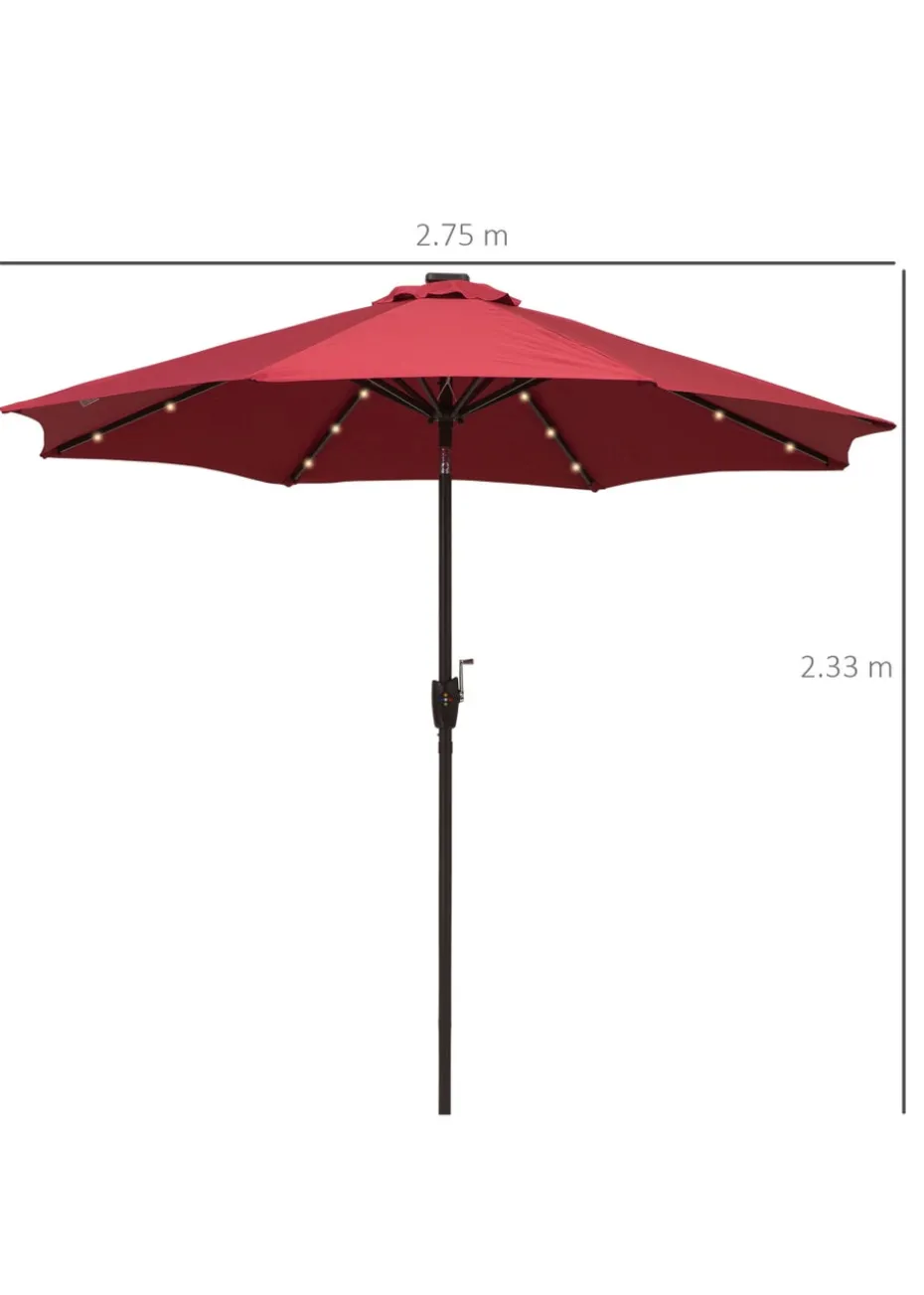 Outsunny Φ2.7m Garden 24 LED Light Parasol Solar Outdoor Tilt Sun Umbrella Patio Sun Shade