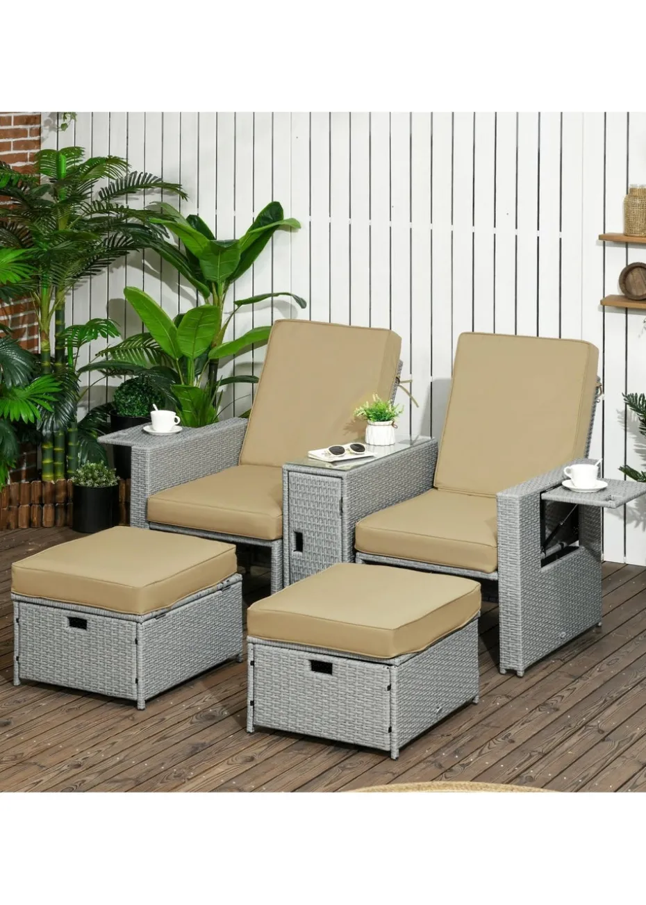 Outsunny Recliner Rattan Sun Lounger with Storage Tea Table & Footstools