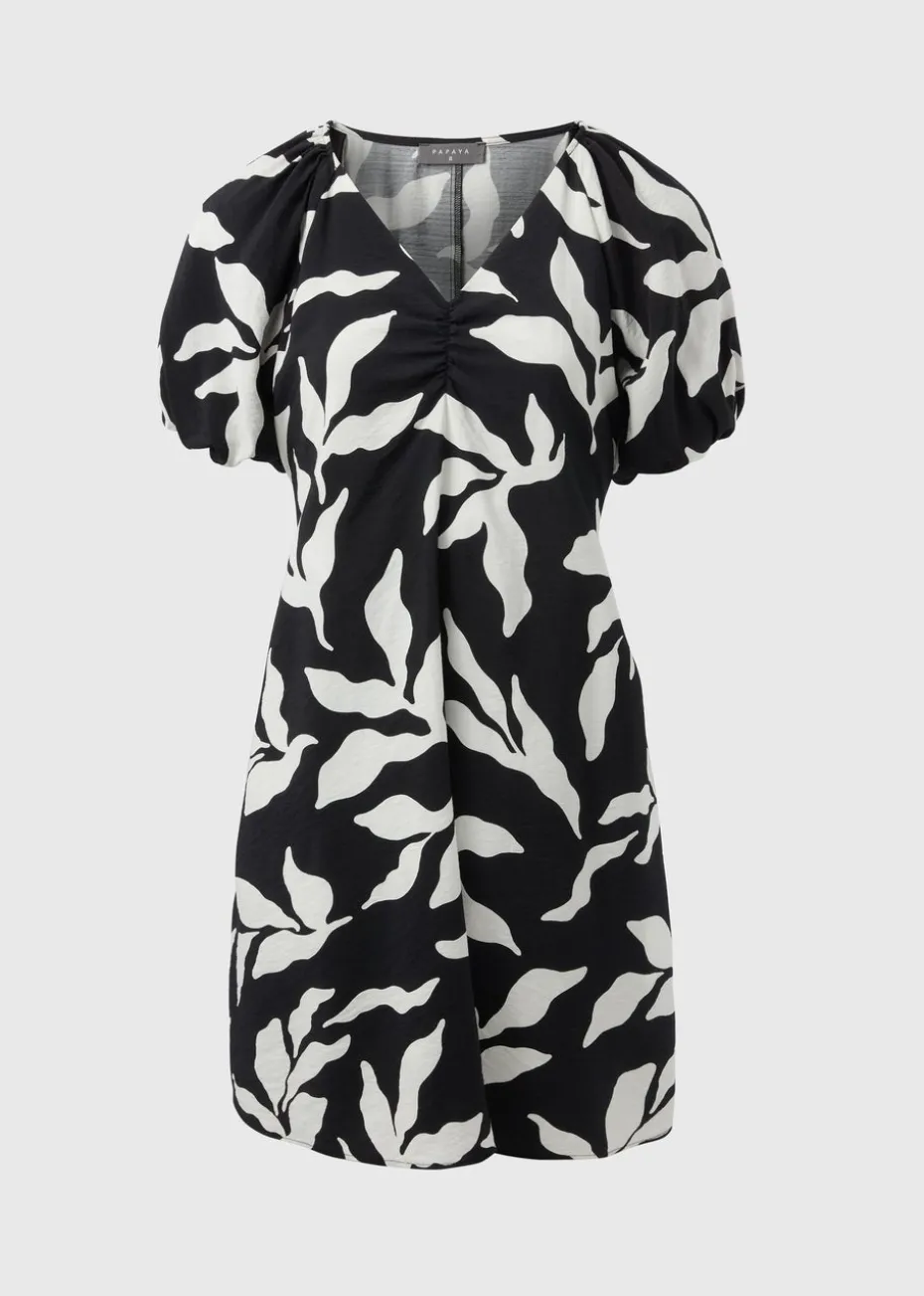 Papaya Petite Black Leaf Puff Sleeve Mini Dress