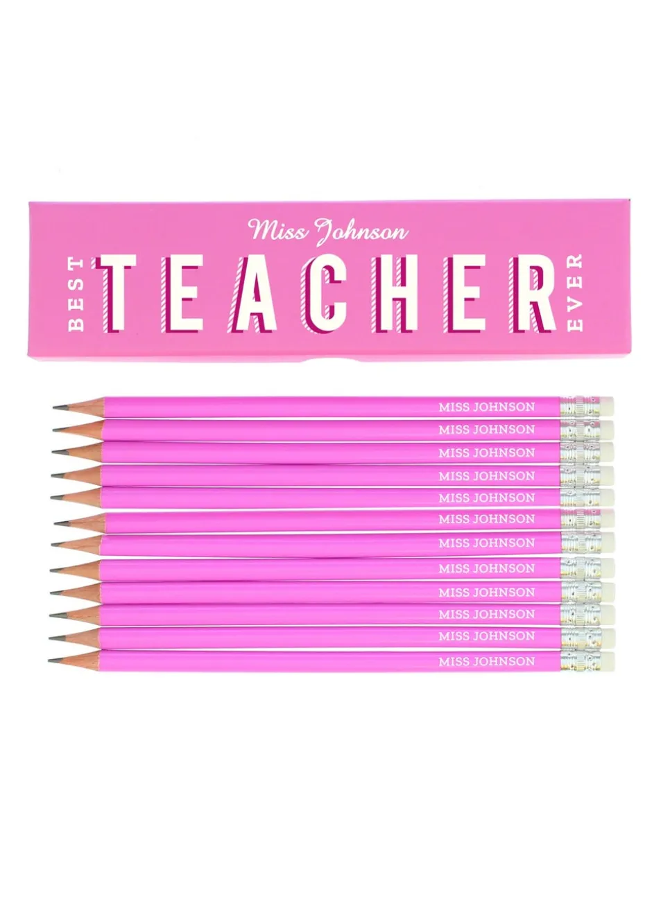 Personalised Memento Company Pink Best Teacher Ever Box with 12 Pink HB Pencils