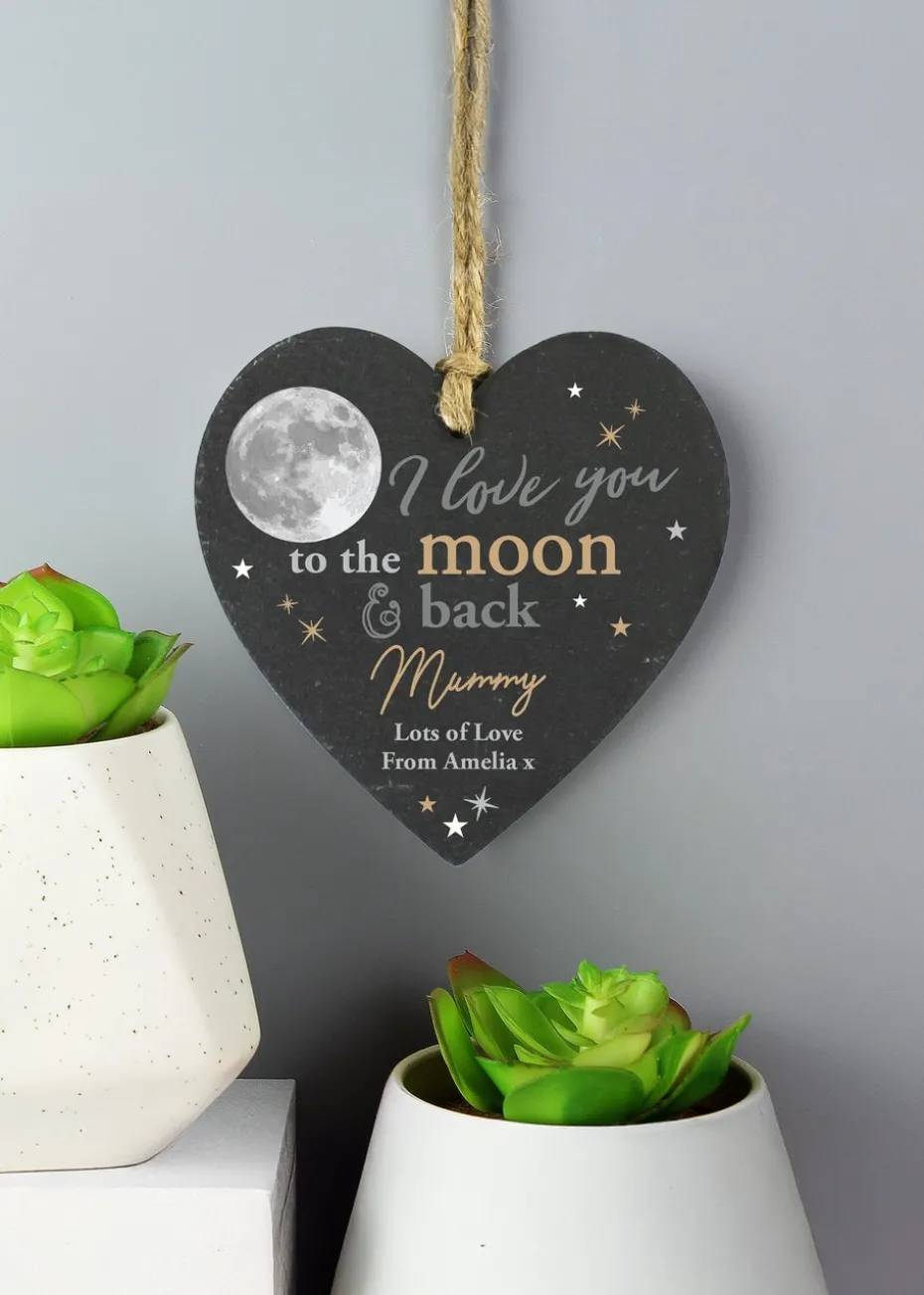 Personalised Memento Company Moon & Back Slate Heart Decoration