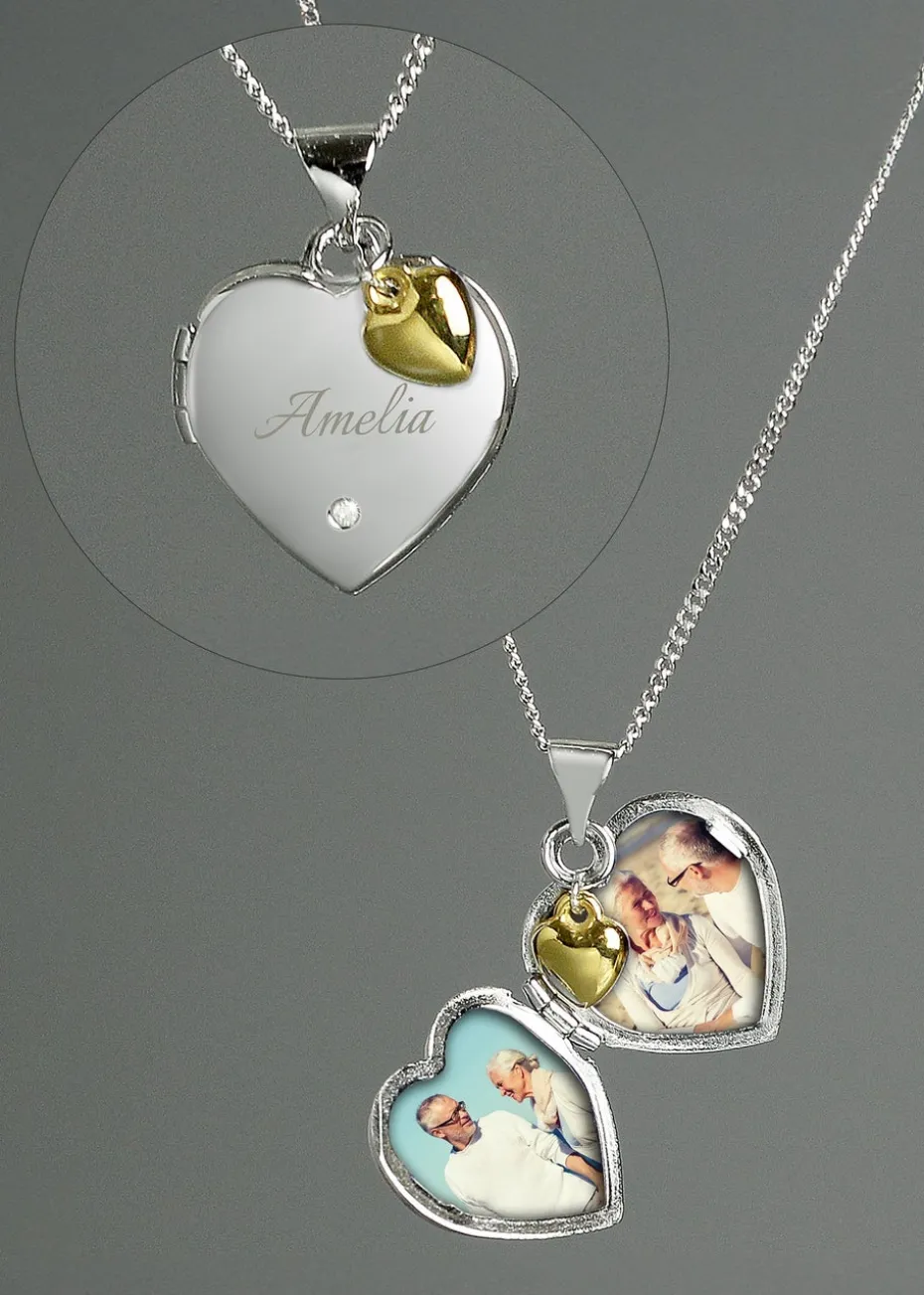 Personalised Memento Company Sterling Silver Heart Locket Necklace & 9ct Gold Charm