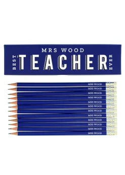 Personalised Memento Company Blue Best Teacher Ever Box with 12 Blue HB Pencils