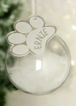 Personalised Memento Company Clear Pets Feather Glass Bauble With Paw Print Tag