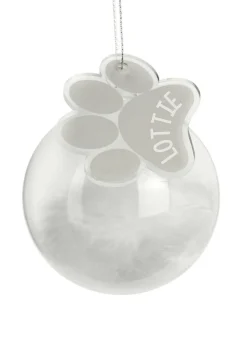 Personalised Memento Company Clear Pets Feather Glass Bauble With Paw Print Tag