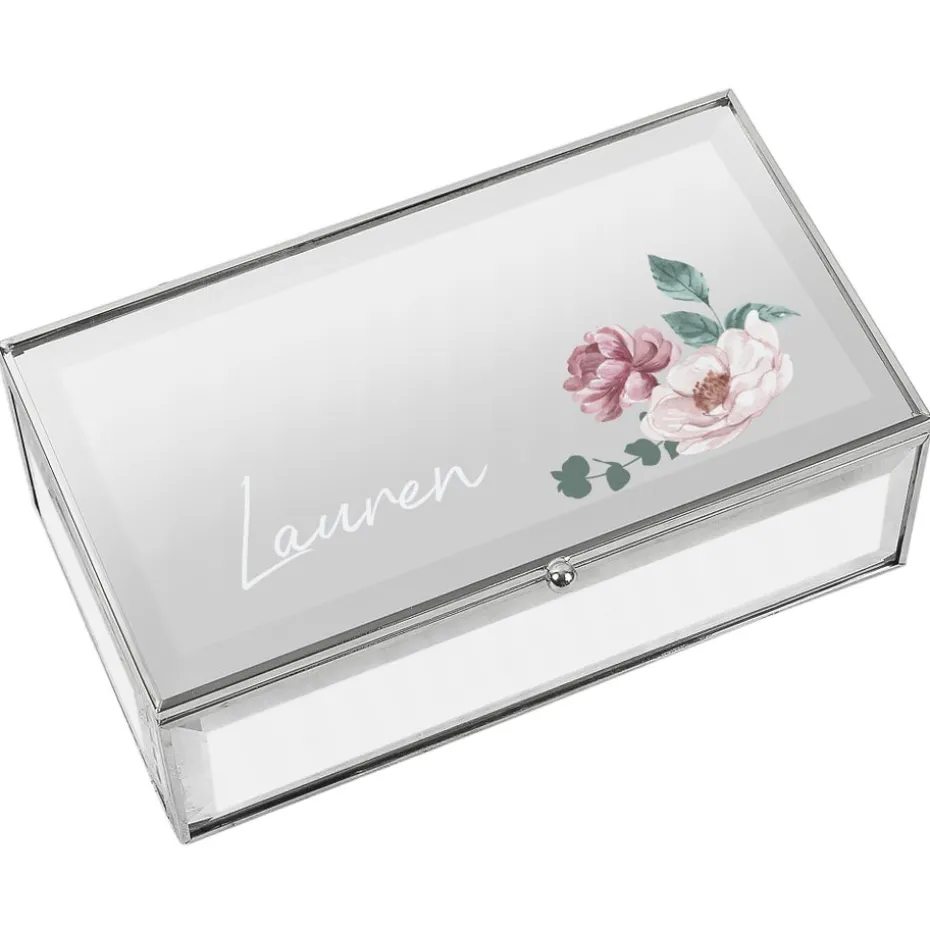 Personalised Memento Company Silver Floral Mirrored Jewellery Box