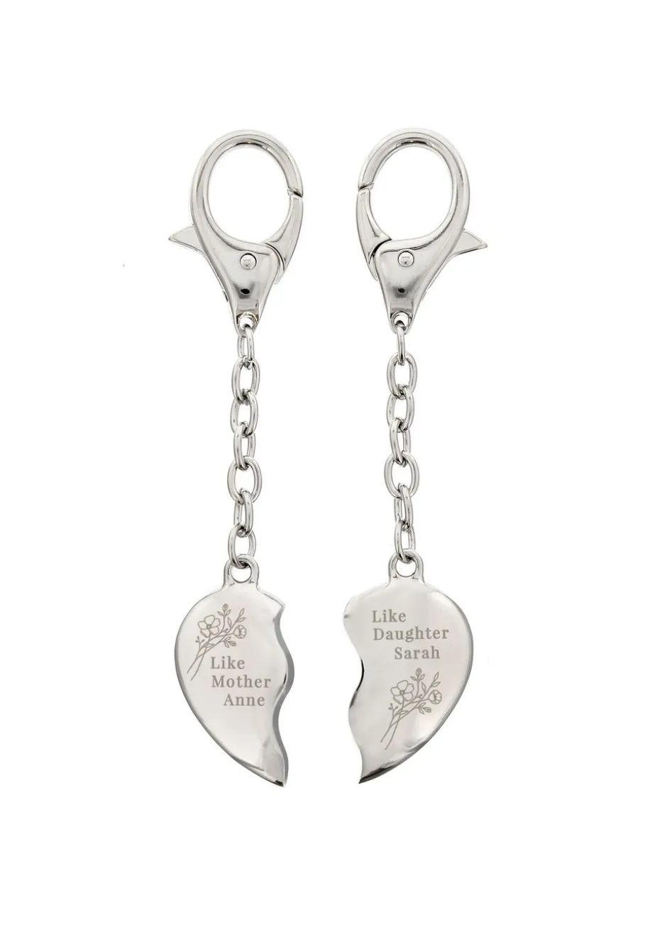 Personalised Memento Company Silver Floral Mother Daughter Two Heart Keyring