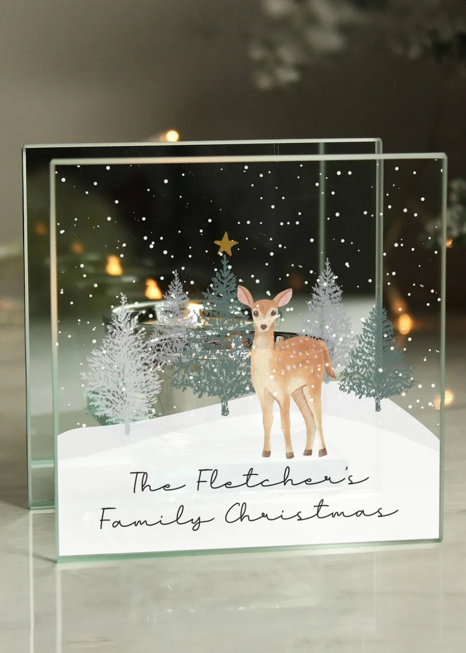 Personalised Memento Company Clear Christmas Deer Glass Tea Light Candle Holder