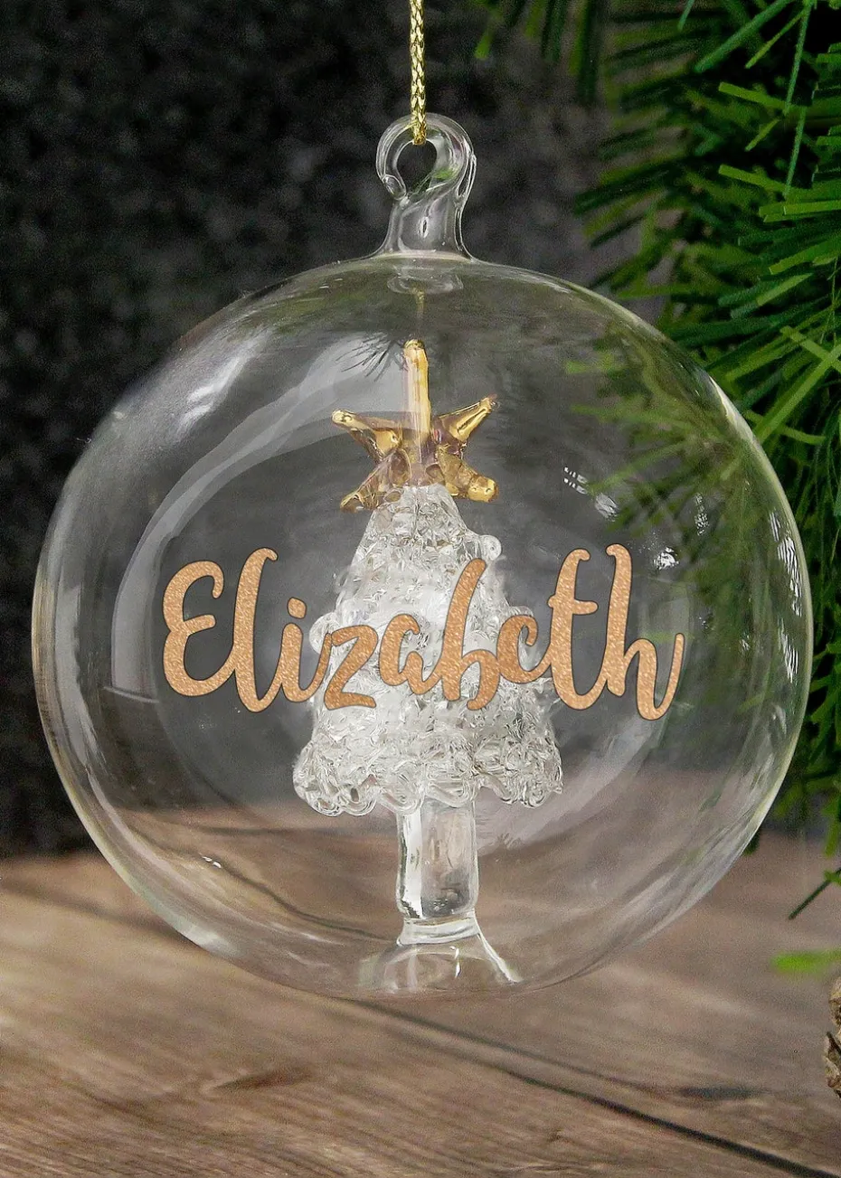 Personalised Memento Company Clear Gold Glitter Name Only Tree Glass Bauble