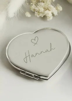 Personalised Memento Company Silver Diamante Heart Compact Mirror
