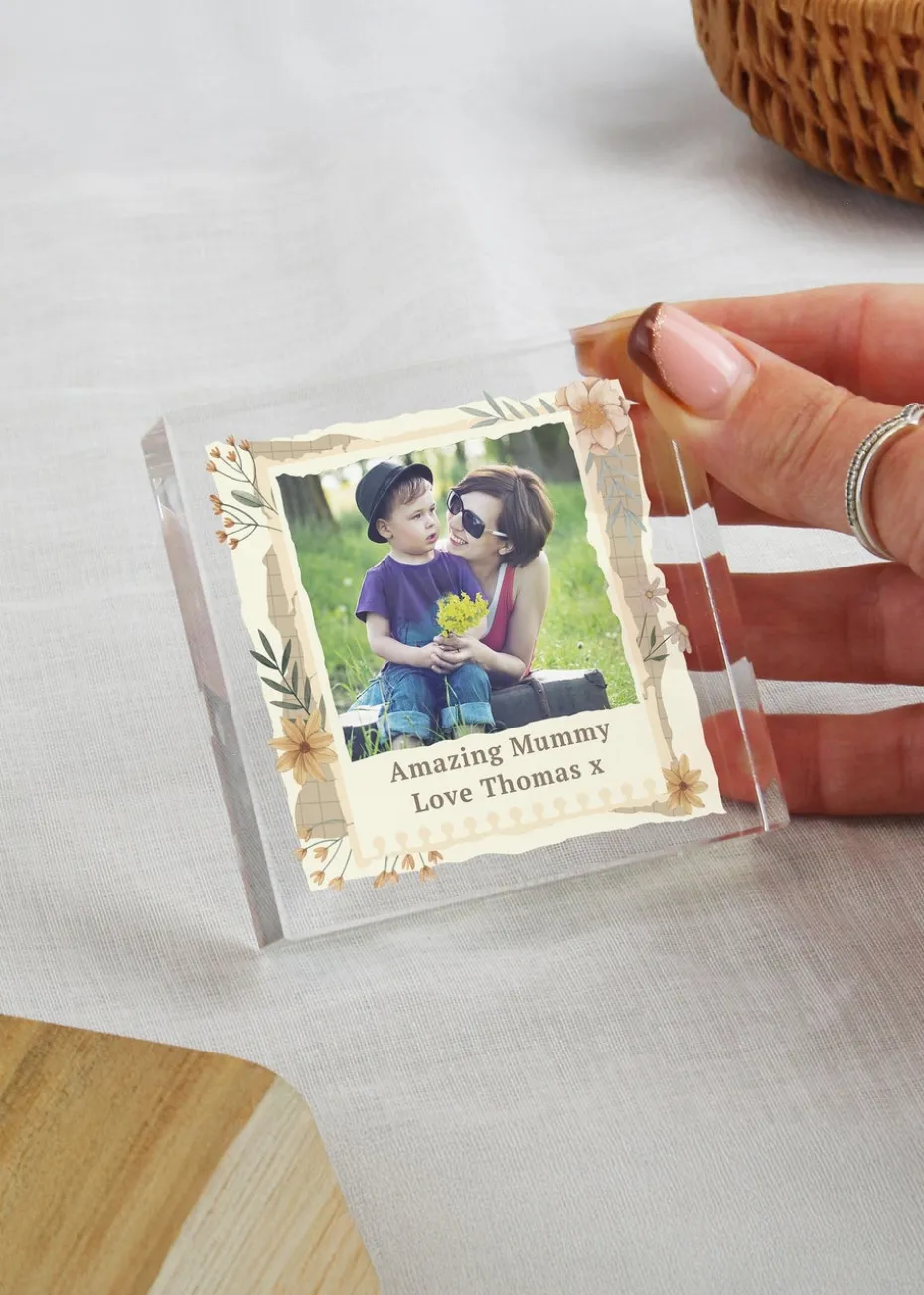 Personalised Memento Company Photo Upload Floral Clear Crystal Token