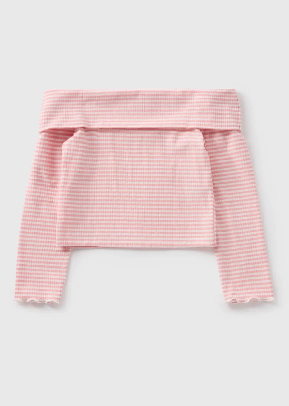 Pink Stripe Long Sleeve Bardot Top (7-15yrs)
