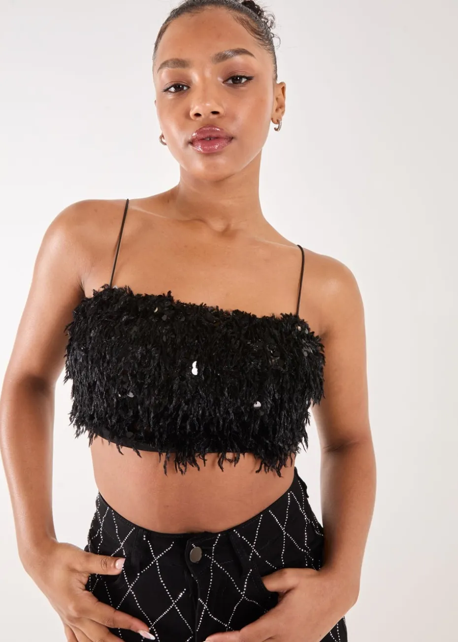 Pink Vanilla Black Feather Sequin Cami Top