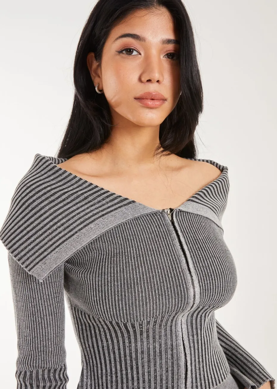 Pink Vanilla Black Washed Rib Fold-Over Cardigan