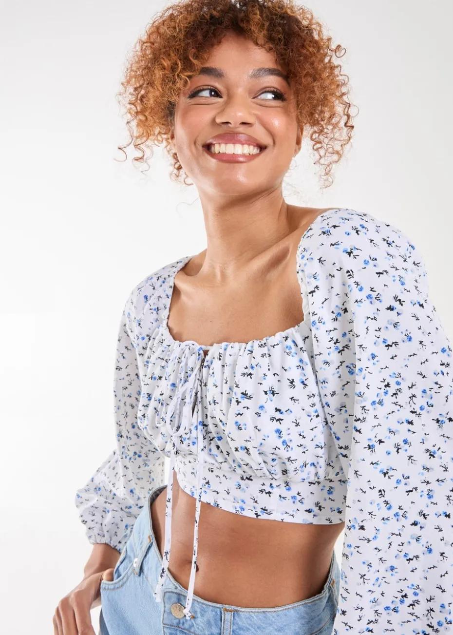 Pink Vanilla Blue Long Sleeve Cropped Milkmaid Top